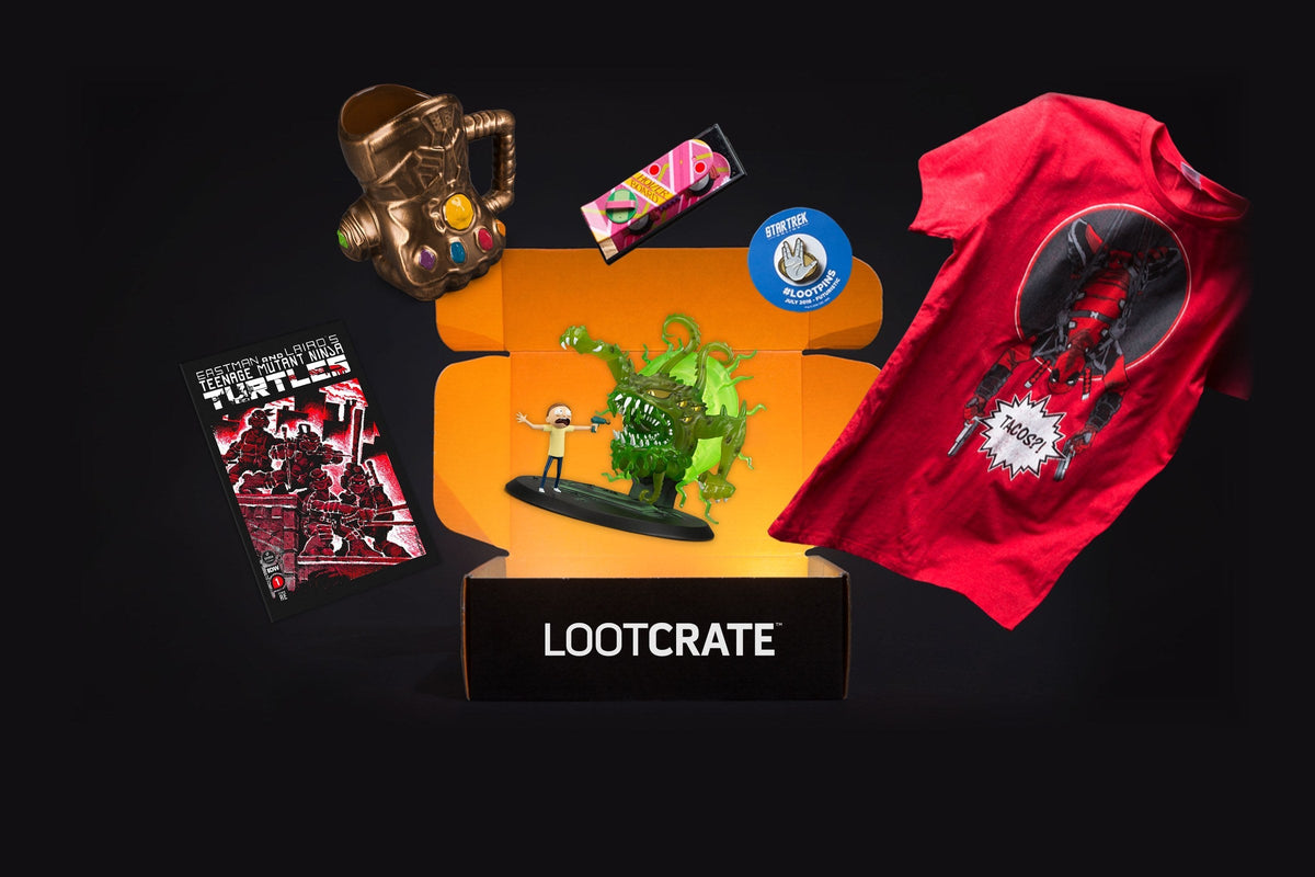 An open Loot Crate box with an orange interior, surrounded by past items including a Rick and Morty figure, a Deadpool T-shirt, an Infinity Gauntlet mug, and a Teenage Mutant Ninja Turtles comic