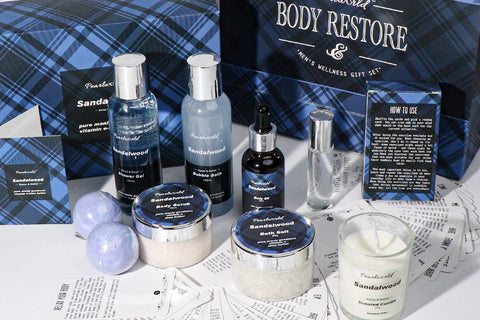 a blue box full of mens wellness and spa products
with specialy curated products for the needs of men