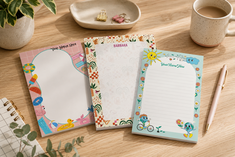 cute and Colorful personalized notepads featuring custom names from the My Paper Box Mini subscription.