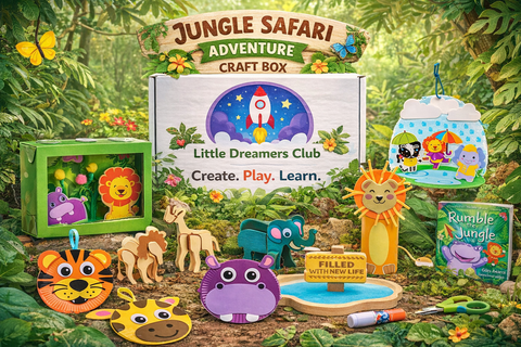 Little Dreamers Club Jungle craft box with jungle animal-themed kids crafts, storybook, activities, and screen-free creative learning fun
