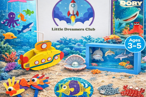 Colorful crafts from the Little Dreamers Club subscription box, featuring ocean-themed activities for kids aged 3-5