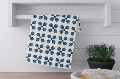 100% cotton absorbent flour sack tea towel with a modern, exclusive and limited edition quilt pattern print.