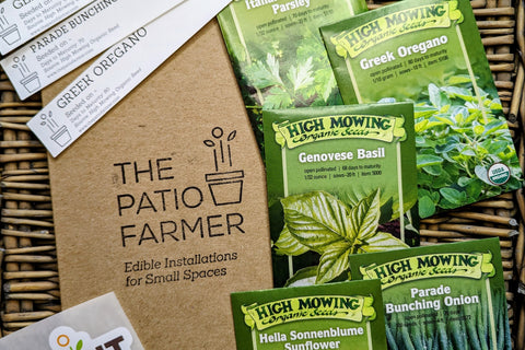 The Patio Farmer Box contains 5-7 items each month including 2-3 packets of organic seeds, plus tools to help you grow your own food!