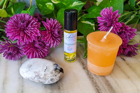 Positive Psychology based, Sacred Strengths Compassion Box with Aromatherapy Roll, Rainbow Moonstone crystal, Compassion candle.