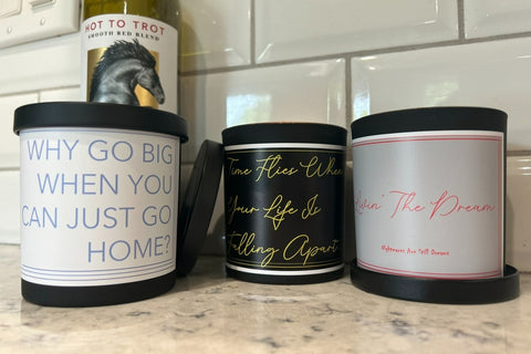 An example of our (3) scented candle subscription box featuring De-motivational/dark humor quotes. Fragrances and quotes will vary.