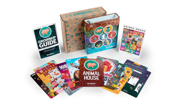 A Bitsbox subscription kit on white: a kraft shipping box printed with the bitsbox logo, a Level 1 binder, a Grownup Guide, a sticker chart, and a fan of colorful coding cards topped by an Animal House card