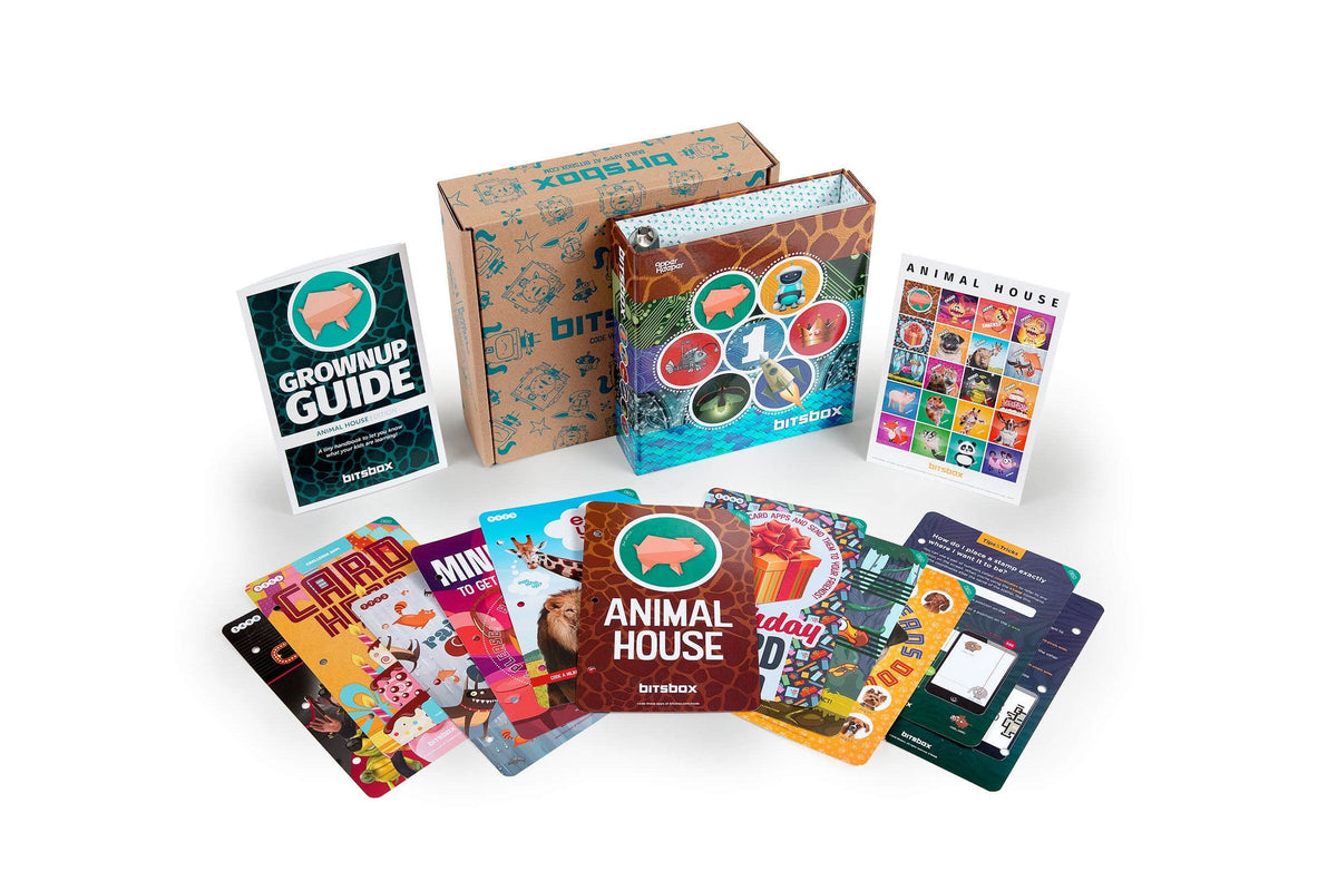 A Bitsbox subscription kit on white: a kraft shipping box printed with the bitsbox logo, a Level 1 binder, a Grownup Guide, a sticker chart, and a fan of colorful coding cards topped by an Animal House card