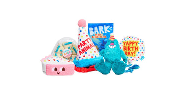 BARK’s Birthday Box assortment: a plush cake slice, a party-hat toy, a bag of BARK treats, a teal monster plush, and a balloon-shaped toy