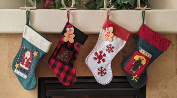 stocking stuffers in Christmas stockings on mantel 