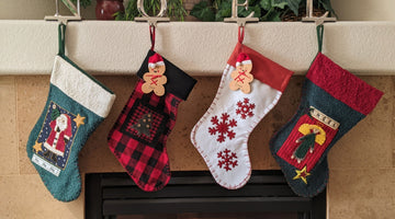stocking stuffers in Christmas stockings on mantel 