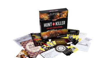 Hunt A Killer's Game Night Gone Wrong case box surrounded by its evidence: lab report, suspect cards, a cipher wheel, a locked evidence tin, and a magnifying glass