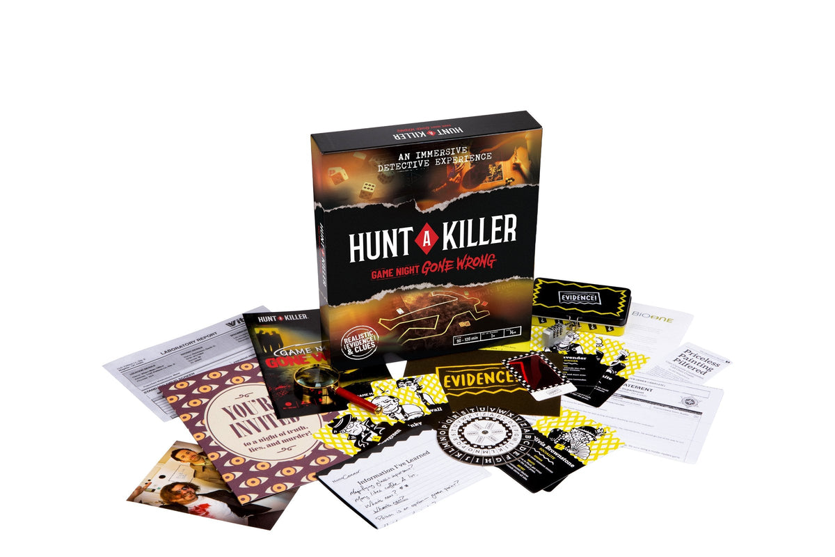 Hunt A Killer's Game Night Gone Wrong case box surrounded by its evidence: lab report, suspect cards, a cipher wheel, a locked evidence tin, and a magnifying glass