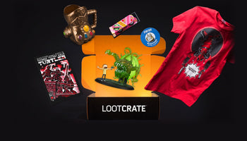 An open Loot Crate box with an orange interior, surrounded by past items including a Rick and Morty figure, a Deadpool T-shirt, an Infinity Gauntlet mug, and a Teenage Mutant Ninja Turtles comic