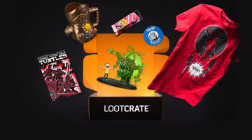 An open Loot Crate box with an orange interior, surrounded by past items including a Rick and Morty figure, a Deadpool T-shirt, an Infinity Gauntlet mug, and a Teenage Mutant Ninja Turtles comic