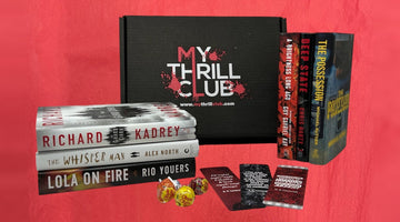 My Thrill Club’s black box with its red-splattered logo, surrounded by hardcovers including The Whisper Man, Lola on Fire, and Deep State, plus H. P. Lovecraft bookmarks and lollipops on a red backdrop.