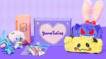 A purple YumeTwins box with its heart logo, surrounded by the October 2026 Kawaii Monster Mash box items: Pokémon Gengar and Mimikyu headbands, a pink bunny-ear headband, zombie animal plushies, and a clear pouch
