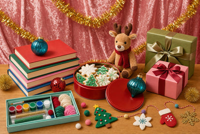 Books, a tin of iced holiday cookies, a craft kit, a plush reindeer, and wrapped gifts on a wooden table in front of pink velvet and gold tinsel