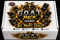 The G.O.A.T Pack Mini sealed multi-sport trading card mystery box displayed with basketball, baseball and football card packs, hobby boxes a