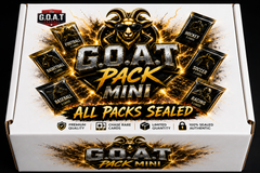The G.O.A.T Pack Mini sealed multi-sport trading card mystery box displayed with basketball, baseball and football card packs, hobby boxes a