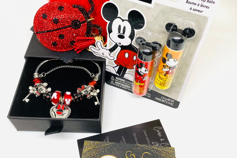 Disney Anniversary Bundle: Vintage Silver Red & Black Charm Bracelet, Mickey Mouse Chapstick and Keychain