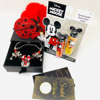 Disney Anniversary Bundle: Vintage Silver Red & Black Charm Bracelet, Mickey Mouse Chapstick and Keychain