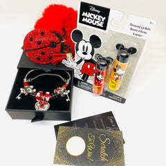 Disney Anniversary Bundle: Vintage Silver Red & Black Charm Bracelet, Mickey Mouse Chapstick and Keychain