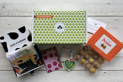 Irish made pottery, Irish handmade chocolates, flower card design, Irish designed apron. 