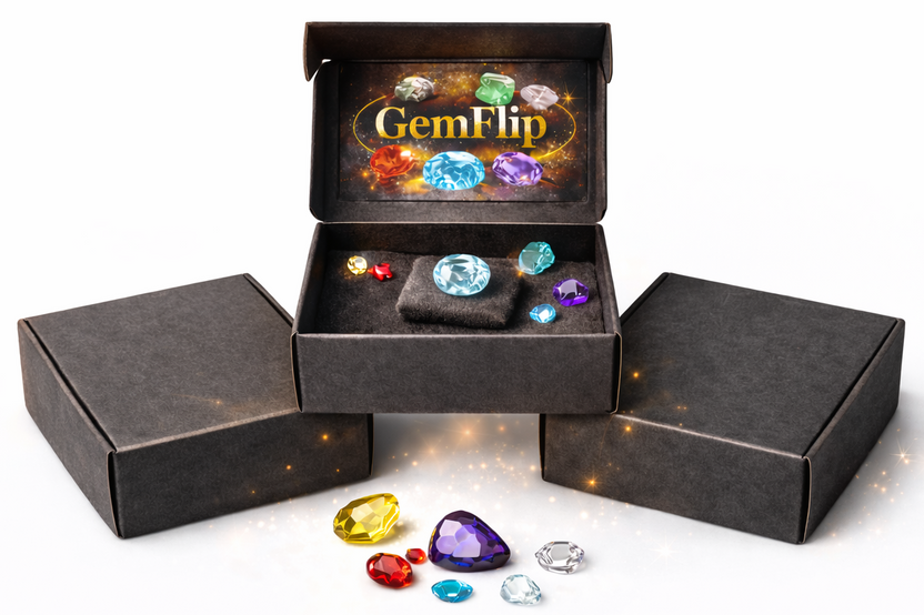 GemFlip gemstone box opened on a white background, showing a black premium box with branded logo and a selection of faceted natural gemstone