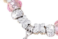Silver and Pink CZ Butterfly Charm Bracelet — Dangling Pink Butterfly Charm, White Lotus Flower Beads, Friendship Bracelet, Gift for Her