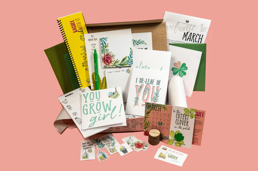 Plant-themed stationery flat lay with “You Grow Girl” and “I Be-Leaf in You” designs from My Paper Box March box, featuring cactus art.