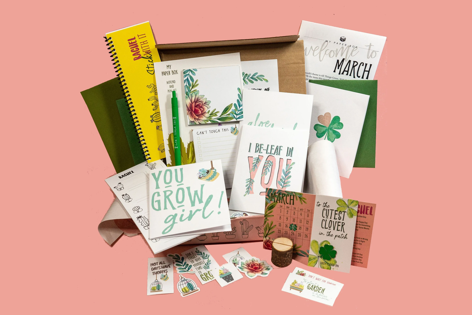 Plant-themed stationery flat lay with “You Grow Girl” and “I Be-Leaf in You” designs from My Paper Box March box, featuring cactus art.