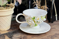 Hand Sculpted Floral Ceramic Art，a one of a kind coffee mug or a handcrafted tea cup.Enjoy with afternoon reading or during teatime.