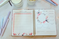 Promise Keeper Christian Journal Planner Subscription Open to Scripture Memory page and Verse Map page with colorful floral designs 
