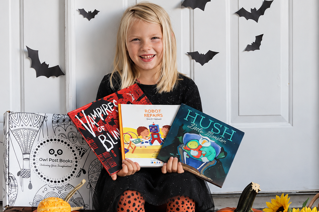 Child holding three books from her Owl Post Books kids book club surrounded by pumpkins and Halloween decorations