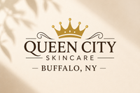 Queen City Skincare logo with a gold crown and dark brown lettering on a soft cream background with subtle botanical shadows.