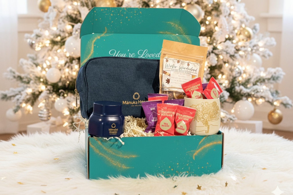 Senior Joy December Box displayed beside a Christmas tree, filled with curated self-care gifts for seniors.