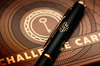 Very high quality close up photo of a mystery box subscription crate or an escape game with a pen on top of it.