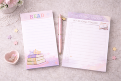 Notepad (10 sheets) 4.3 x 5.5 inch printed on premium paper, binded with a cardboard backing. Reading tracker is 1 sheet, 6x4 in size.