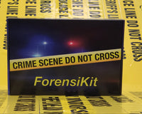 A blue box containing a forensikit learning kit isdisplayed on a bed of yellow and black crime scene tape