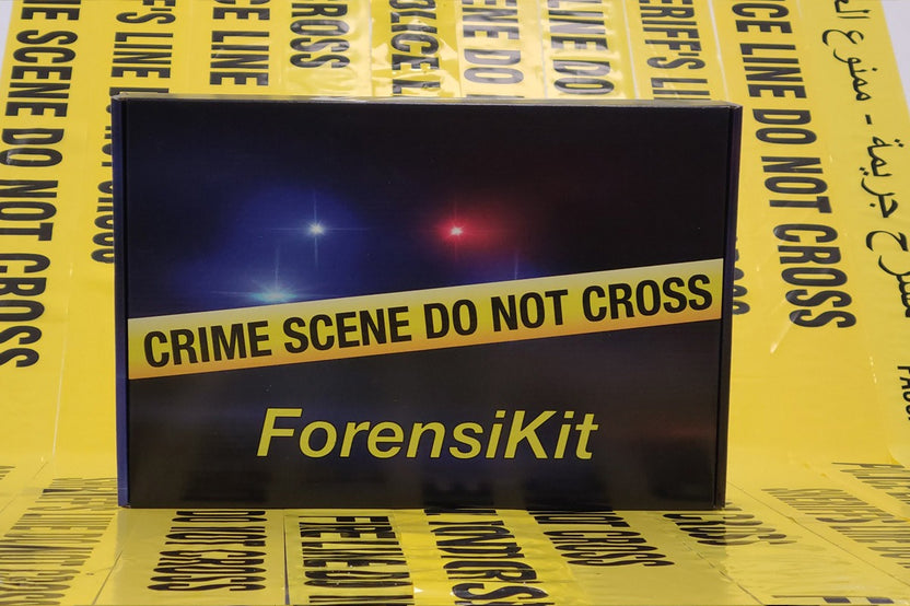 A blue box containing a forensikit learning kit isdisplayed on a bed of yellow and black crime scene tape