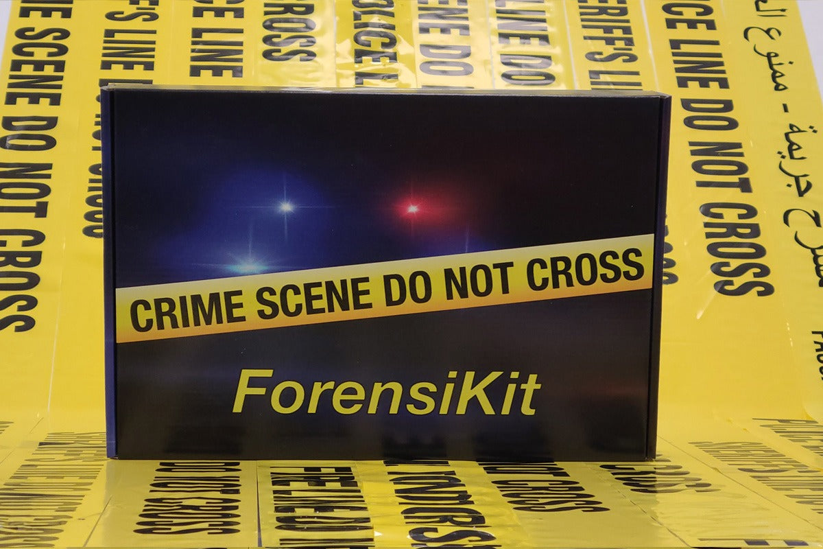 A blue box containing a forensikit learning kit isdisplayed on a bed of yellow and black crime scene tape