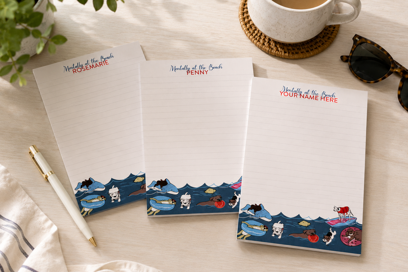 Personalized ocean-themed with cute dogs notepads with custom names from the monthly Mini stationery subscription.