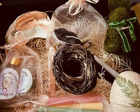 A magickal Ostara offering with copper leaf ritual vessel, loose incense & ritual oil, weaving spellwork, fern encrusted egg w/ Sabbat salt+