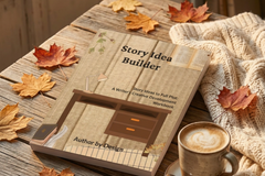 Story Idea Builder workbook flat-lay on a wood table with autumn leaves, a knit blanket, and a latte, a Journey Box novel-writing tool.