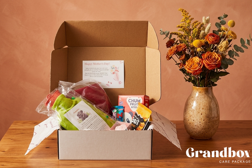 A personalized Mother's Day gift box presented in a warm and inviting setting. A gift for grandma. Love gift. personal care products.
