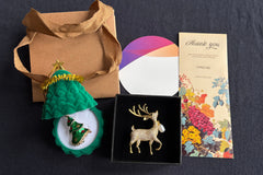 Festive Christmas Brooch Gift Set.Holiday Collection with Tree, Hat, Gloves and Reindeer in Gift Box