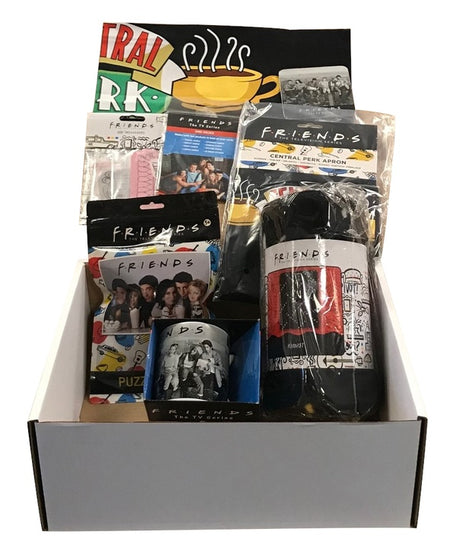 Friends Mystery Box featuring a variety of themed items like a mug, apron, and puzzle, perfect for fans of the show