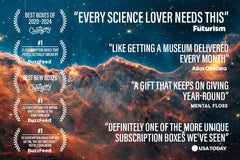a JWST galaxy image surrounded by positive accolades, quotes, and awards that matter box has garnered