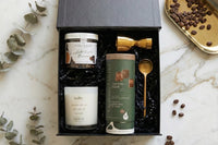 Our after dark espresso martini box with Teaspressa  mixing cubes, soy coffee candle by Palmoire home fragrance, chocolate espresso beans 