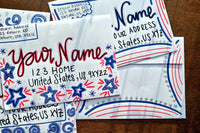 Hand-decorated patriotic envelopes with red and blue stars, stripes and swirls, featuring handwritten sample names and U.S. addresses.